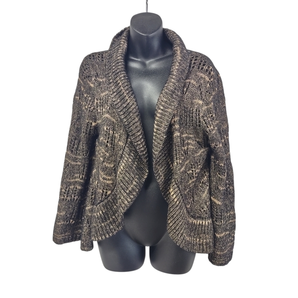 Roz & Ali XL Black Gold Metallic Open Knit Cardigan Sweater Dressbarn Shawl NWT